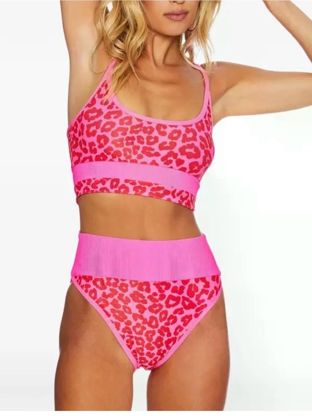 Beach Riot Hot Pink & Red Leopard High-Waist Bikini Set 0549